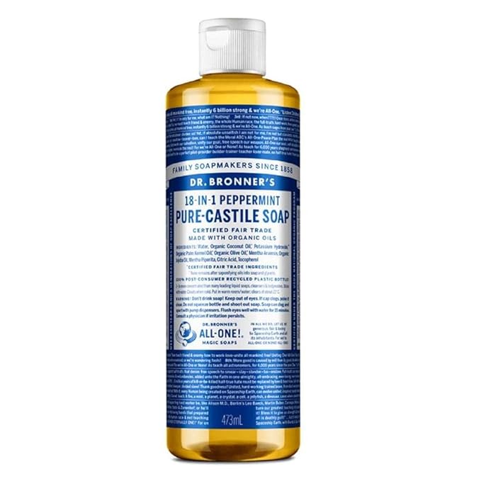 Dr. Bronner's - Pure-Castile Liquid Soap (Peppermint, 16 ounce) - Made with Organic Oils, 18-in-1 Uses: Face, Body, Hair, Laundry, Pets and Dishes, Concentrated, Vegan, Non-GMO