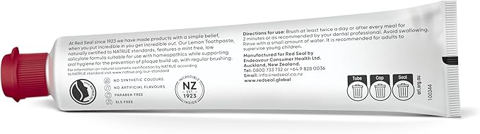 Red Seal Herbal & Mineral Fluoride Free Lemon Toothpaste - Mint Free Toothpaste for Adults - Vegan Friendly, Cruelty Free, No Artificial Colors or Flavors, NATRUE Certified Natural, SLS Free, 3.53 oz