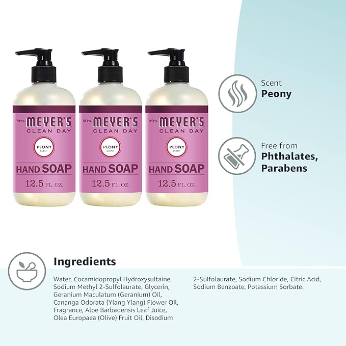 Mrs. MEYER'S CLEAN DAY Hand Soap, Made with Essential Oils, Peony, 12.5 fl. oz (Pack of 6)