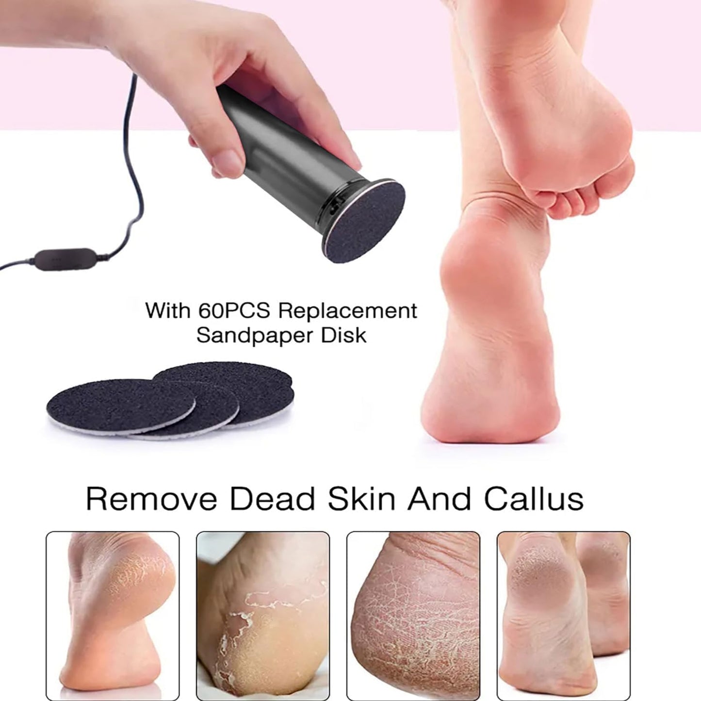 Electronic Foot File Grinder (Speed Adjustable) with 60pcs Replacement Sandpaper Disk,Electric Foot Scrubber Dead Skin Remover,for Feet Hard Cracked Dry Dead Skin Exfoliation,Unisex(Rose Pink)
