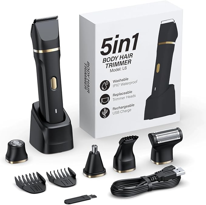 5-in-1 Bikini Trimmer for Women, IPX7 Waterproof Electric Razors Shaver, Cordless Body Hair Trimmer, Facial & Pubic Hair Removal, Ceramic Blade (Black)
