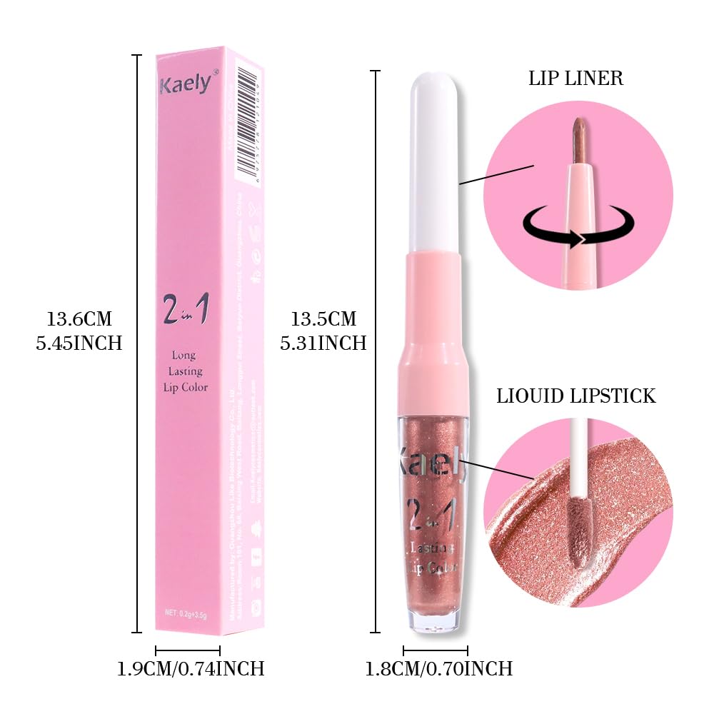 Kaely 2-in-1 Bronze Gold Metallic Lipstick and Lip Liner, Shimmer Liquid Metallic Lipsticks for Women, Glitter Lip Gloss Stain Long Lasting Waterproof Smudge Proof 24 Hour, Vegan Makeup, 14