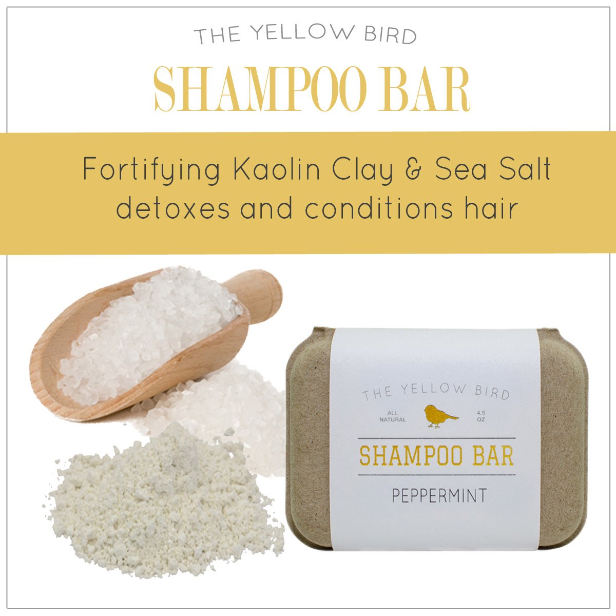 The Yellow Bird Solid Bar Shampoo Soap. Grapefruit, Rosemary, and Lavender. Mild Natural and Organic Ingredients. Sulfate Free. Gentle Scalp + Hair Care
