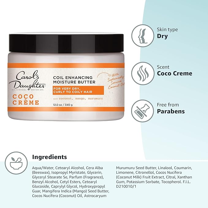Carol's Daughter Coco Creme Coil Enhancing Moisture Butter, with Coconut Oil and Mango Butter, for Very Dry Curly Hair, Paraben and Silicone Free, 12 oz, (Pack of 2)