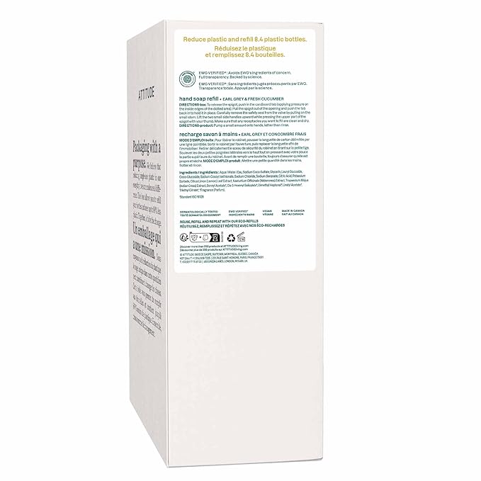 ATTITUDE Liquid Hand Soap, EWG Verified, Plant and Mineral-Based, Vegan Personal Care Products, Earl Grey & Fresh Cucumber Scent, 135.26 Fl Oz