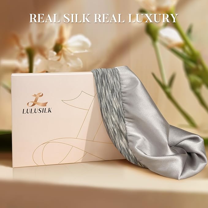LULUSILK 100% Mulberry Silk Lined Sleep Cap, Adjustable Silk Hair Wrap for Sleeping, Assorted Color Light Grey