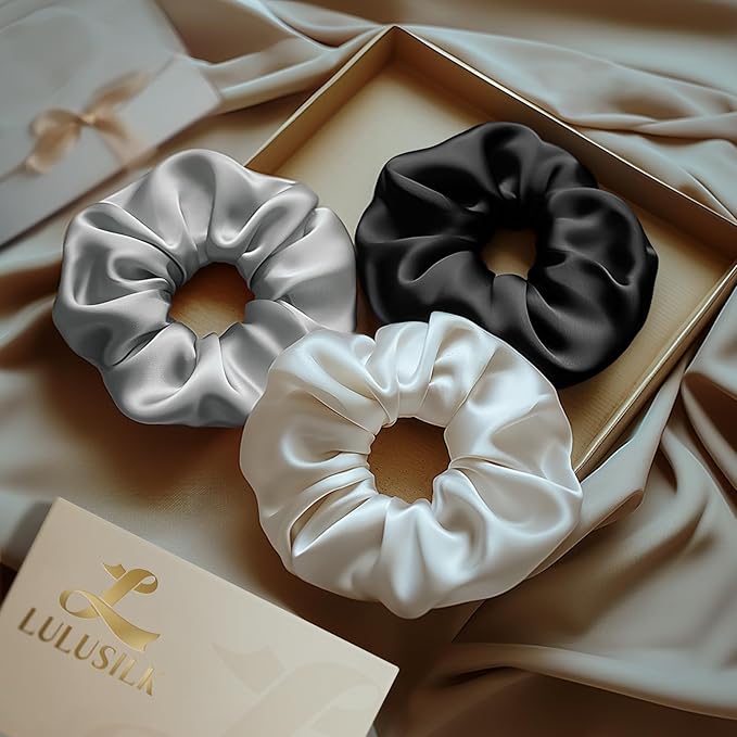 LULUSILK Silk Scrunchies for Hair Sleep, 100% Real Mulberry Silk, No Damage Hair Ties for Women and Girls, Classic Black, Pack of 3