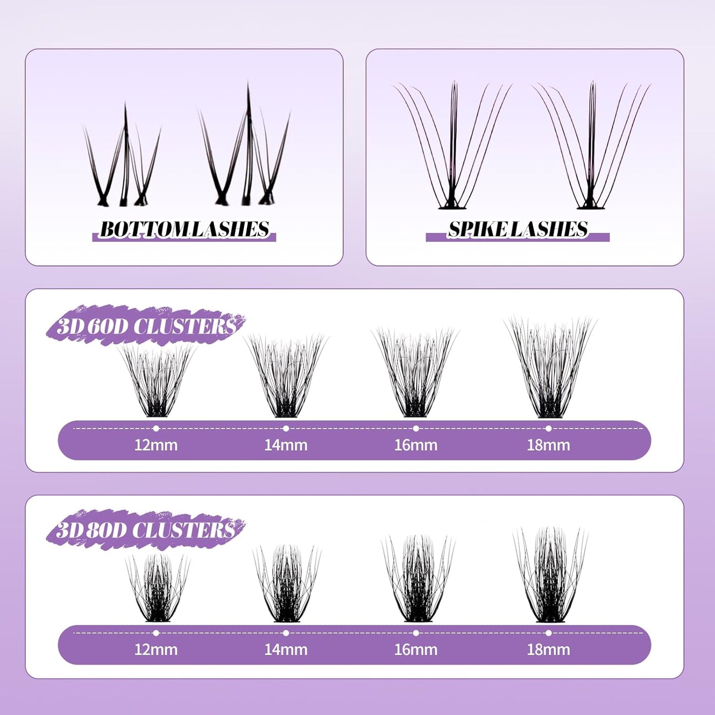 Lash Clusters With Bottom Lashes 60/80D C/D Curl 12-18mm Multi-types Individual Clusters Eyelash Extensions, Spike, Wispy Lash clusters(60/80D-3D)