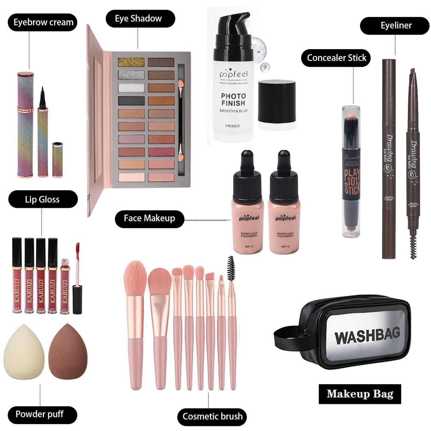 All in One Makeup Kit, Includes 20 Colors Eyeshadow Palette, RUIGPRO Foundation & Face Primer, Makeup Brush, Makeup Sponge, Eyebrow Soap, Winged Eyeliner Stamp, Gift Set for Women, Girls & Teens