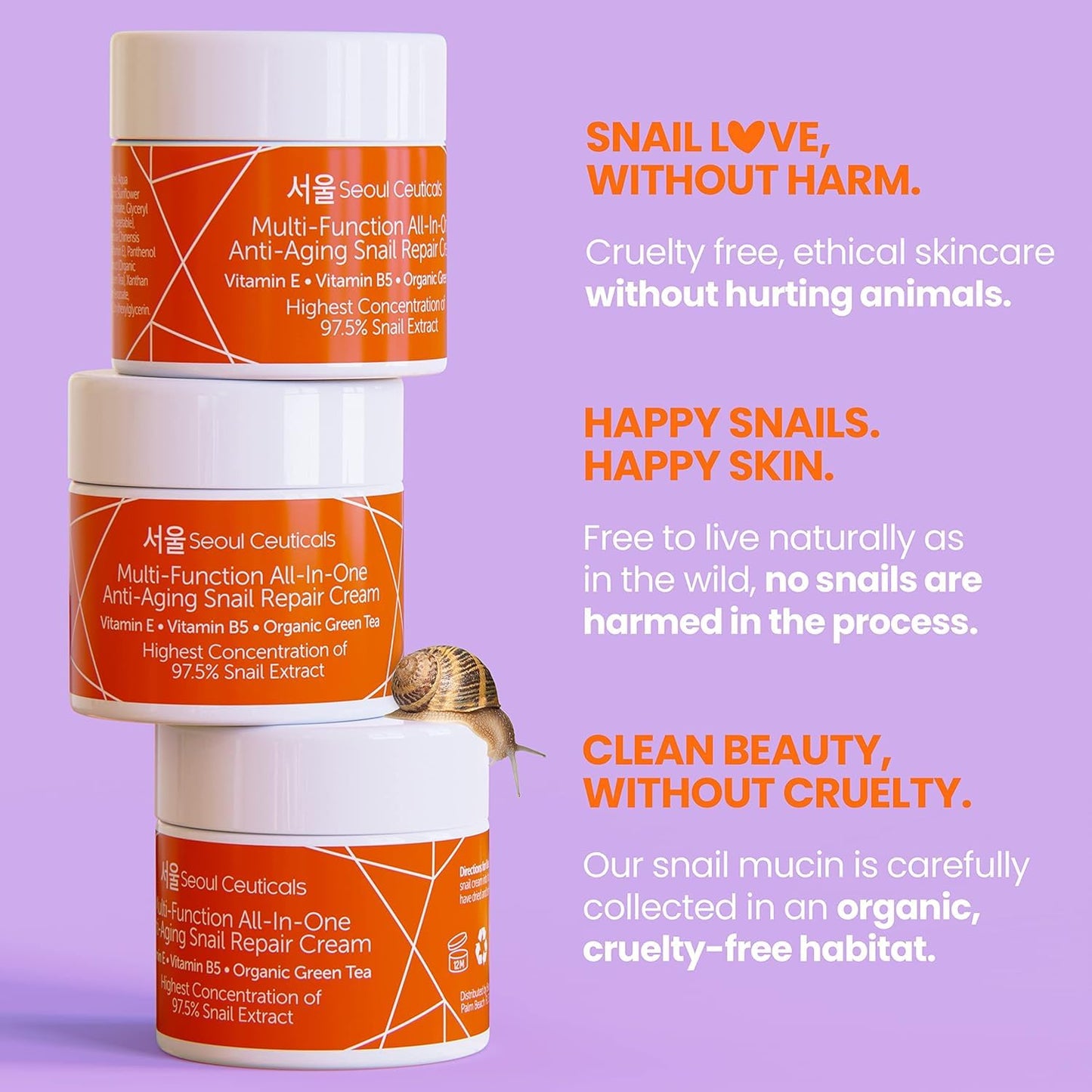 SeoulCeuticals Large 4oz 97.5% Snail Mucin Moisturizer Cream Korean Skin Care - K Beauty Skincare Day & Night Snail Repair Cream Filtrate Cruelty Free