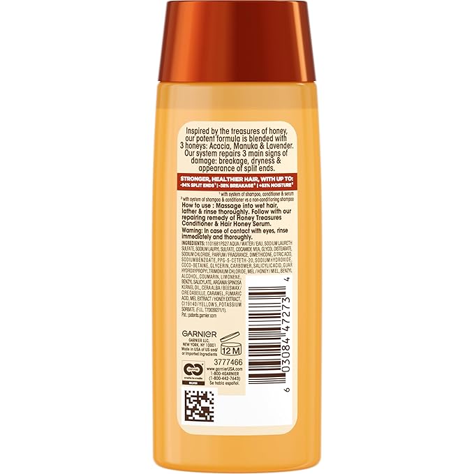 Garnier Whole Blends Honey Treasures Repairing Shampoo, for Dry, Damaged Hair, 3 Fl Oz (Travel Size), 1 Count (Packaging May Vary)