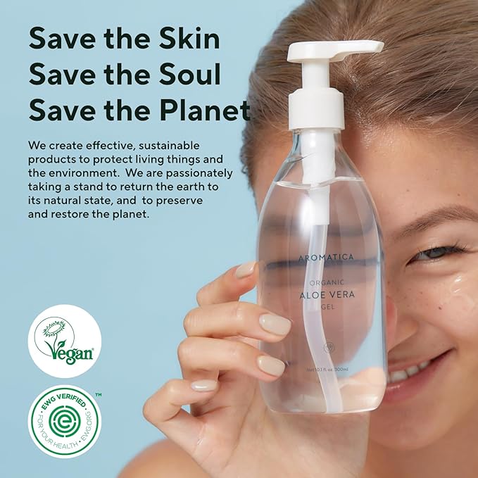 AROMATICA Organic Aloe Vera Gel (2 packs), After Sun Care and Sunburn Relief with Pure Aloe Vera Gel Face&Hair, Sun Burn Moisturizer EWG Verified (10.14oz/300ml)