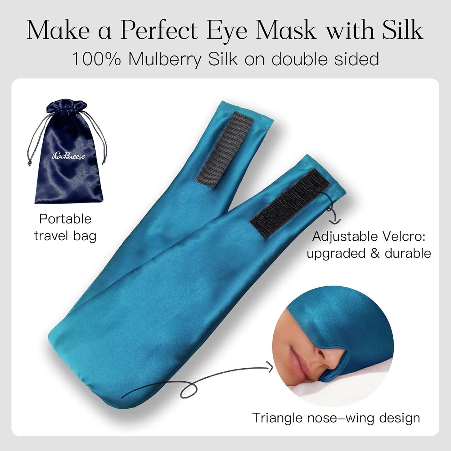 100% Natural Silk Eye Mask for Women Men, Soft Pressureless Cooling Blackout Eye Covers for Sleeping, Large Size Sleep Mask fits All Heads Adjustable, 1PC, Vivid Blue