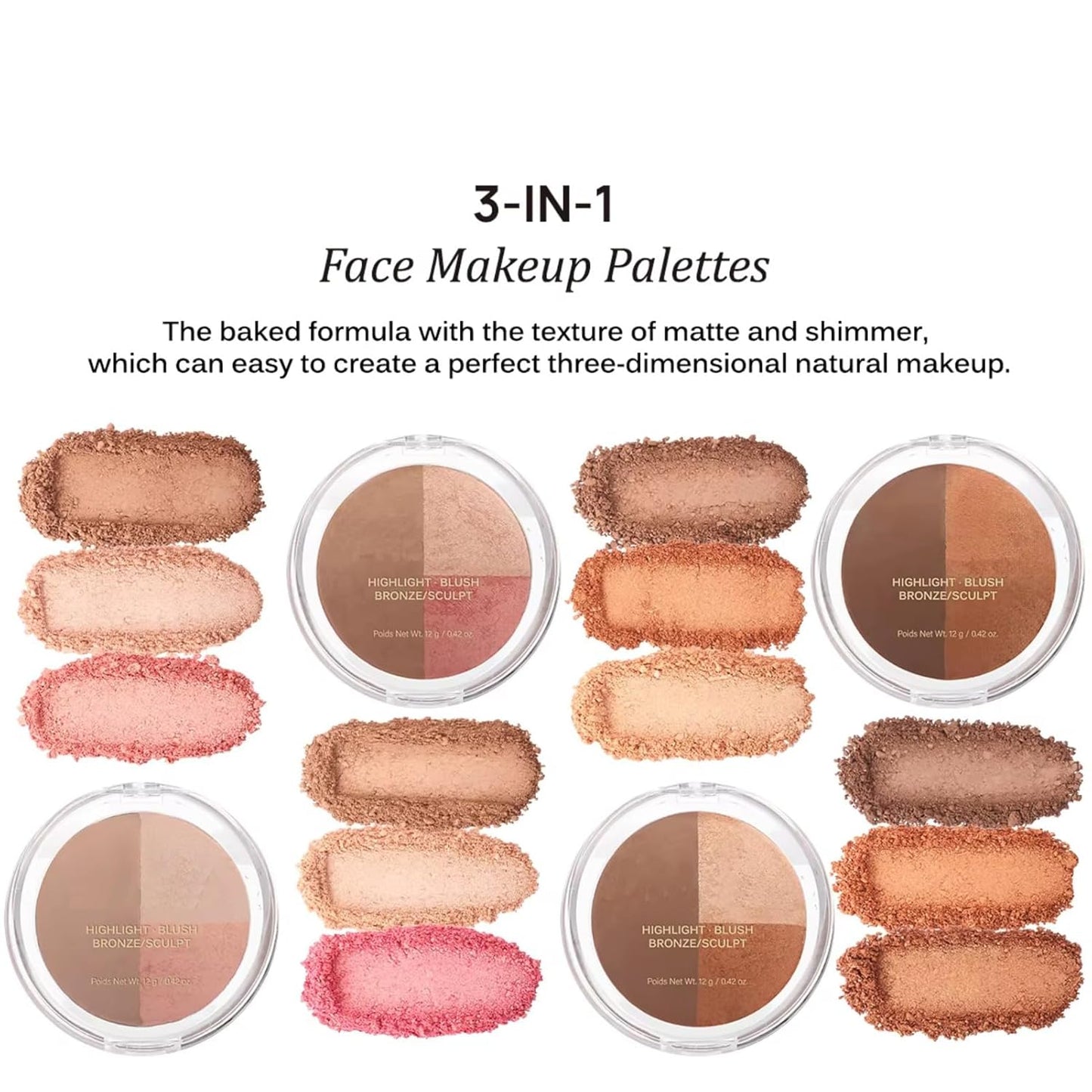 Baked Blush Highlight Bronze Powder 3-in-1 Contour Palette Sculpt Satin Silky Smooth Makeup Palettes Powder (002-Light)