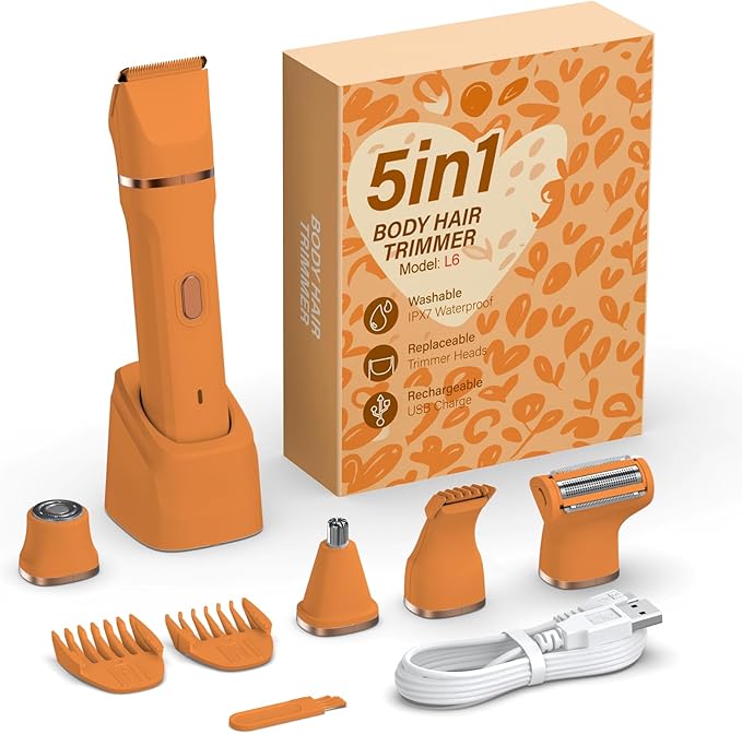5-in-1 Bikini Trimmer for Women, IPX7 Waterproof Electric Razors Shaver, Cordless Body Hair Trimmer, Facial & Pubic Hair Removal, Ceramic Blade (Pure Orange)