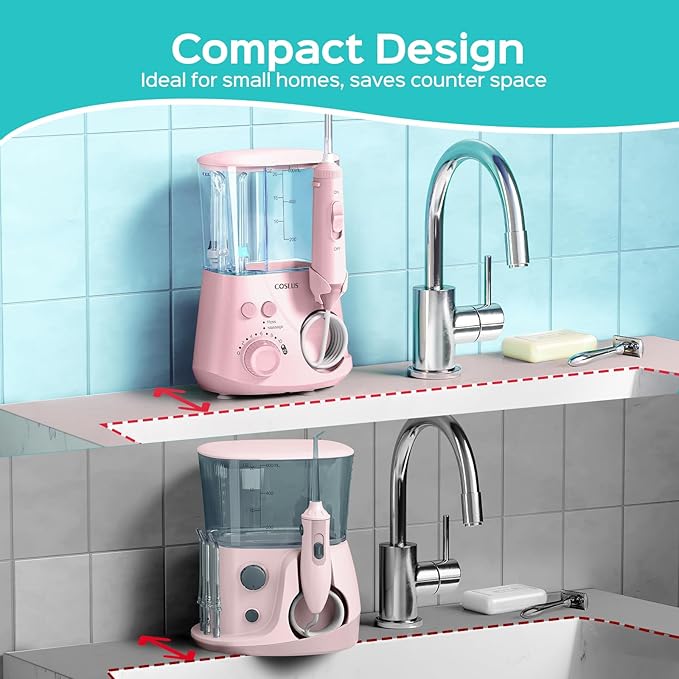 COSLUS E2 Advanced Water Flosser for Teeth: 2 Modes & 12 Pressure Settings Electric Dental Pick for Orthodontic, Braces, Sensitive Gums - Home Use, 5 Jet Tips for Multiple Users, Family,Pink