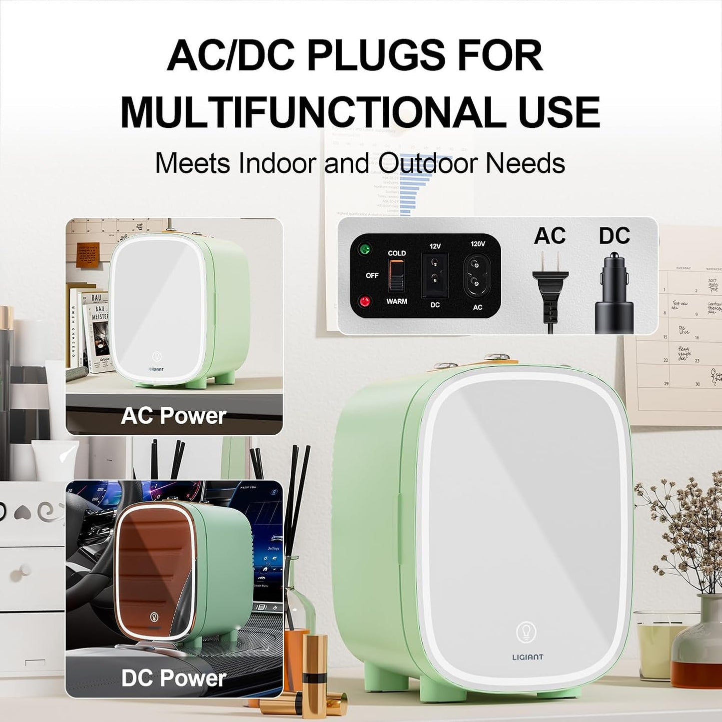 DF01A Skincare Fridge, Mini Fridge for Skincare with 3-Level Dimmable LED Light Mirror, Low Noise 4L Makeup, Cooler & Warmer, Portable Design for Multiple Uses - Bedroom, Office, and Car