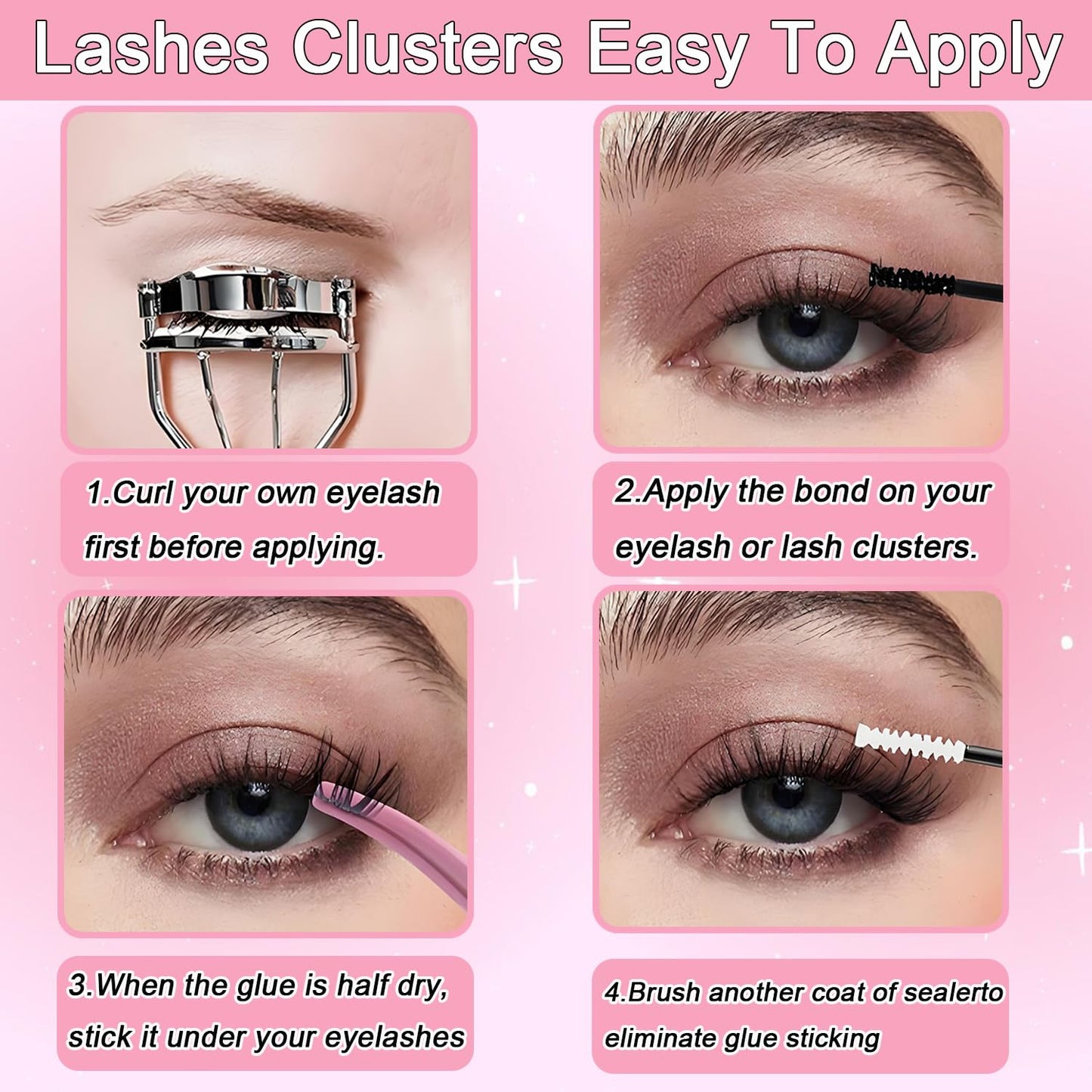 Lash Clusters Kit, Eyelash Clusters Individual Lash Extension Kit 480 Pcs D Curl Fluffy Wispy False Eyelashes Extensions Thin Band with Bond Seal Tweezers Brush Remover (80D+100D Kit 9-16mm)