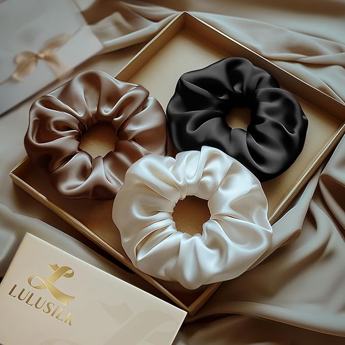LULUSILK Silk Scrunchies for Hair Sleep, 100% Real Mulberry Silk, No Damage Hair Ties for Women and Girls, Black White and Light Brown, Pack of 3