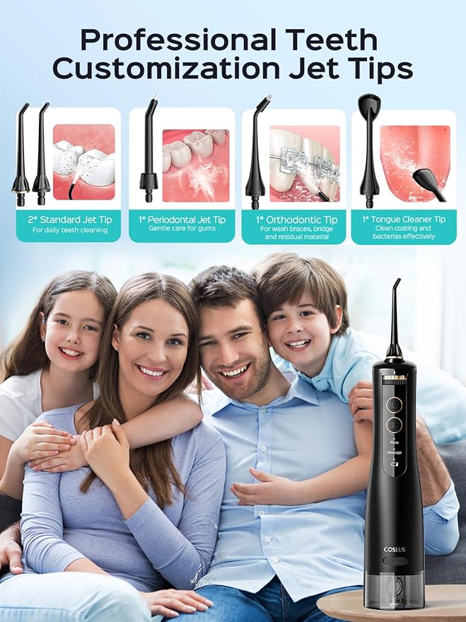 COSLUS E40 Portable Water Flosser for Teeth: 10 Pressure Settings Professional Water Dental Pick for Orthodontic, Braces & Sensitive Gums - Cordless for Travel Use, for Adults Teens, BPA-Free