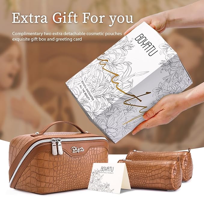 BOYATU Travel Makeup Bag Cosmetic Bags for Women: 3 Pcs Set Large Capacity Make up Bag with Handle - Crocodile Pattern Vegan Leather Toiletry Bags Travel Essentials with Compartments(E-2-Brown)