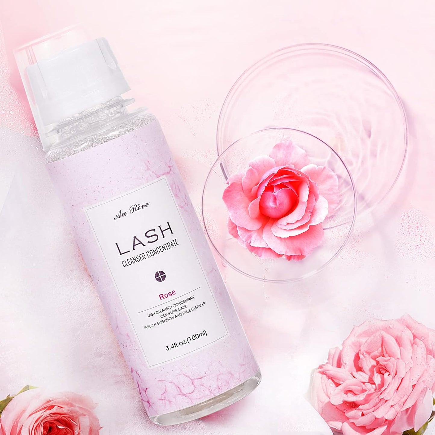 Eyelash Cleanser Concentrate 100ml Lash Extension Shampoo Oil-Free Eyelash Extension Shampoo with Salon Home Care -Makes 20 Bottles 60ml Lash Shampoo, Rose
