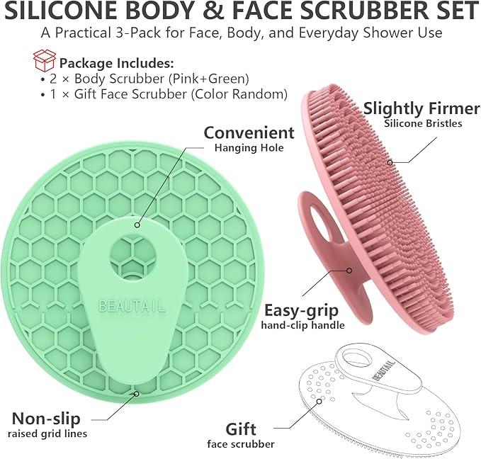 Silicone Body and Face Scrubber Set 3 Pack, BEAUTAIL Shower Bath Scrubber, Gentle Exfoliating Brush for Women Men Baby Sensitive Skin, More Hygienic Than Traditional Loofah, Long Lasting, Pink+Green