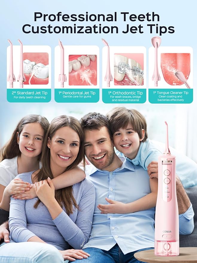 COSLUS E40 Portable Water Flosser for Teeth: 10 Pressure Settings Professional Water Dental Pick for Orthodontic, Braces & Sensitive Gums - Cordless for Travel Use, for Adults Teens, BPA-Free