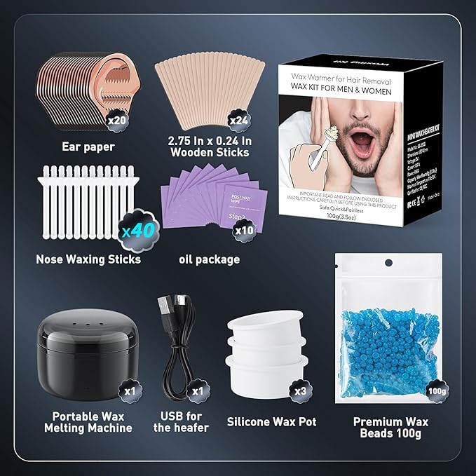 Nose Wax Kit Men Upgraded Version 100g Wax USB Fast Heat Smart Constant Temp 40 Nose Hair Sticks 3 Silicone Pots Travel Size Unisex Suitable for Different Body Parts