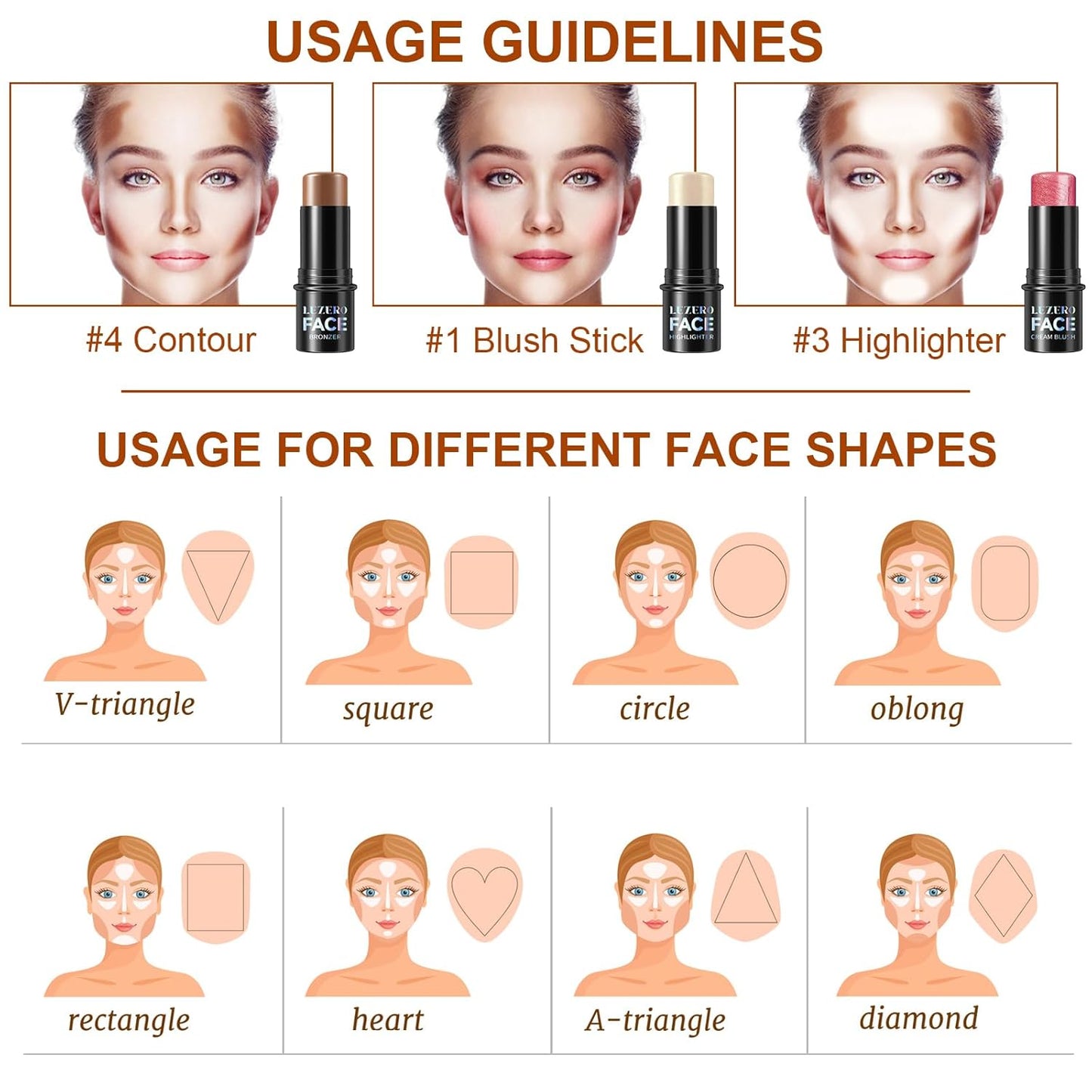Lezero 3Pcs Contour Stick Makeup Kit, Shades with Highlighter, Blush and Bronzer Stick for Sculpt the Face and All Skin Type, Long Lasting, Smooth, Dewy & Matte Finish, LIGHT