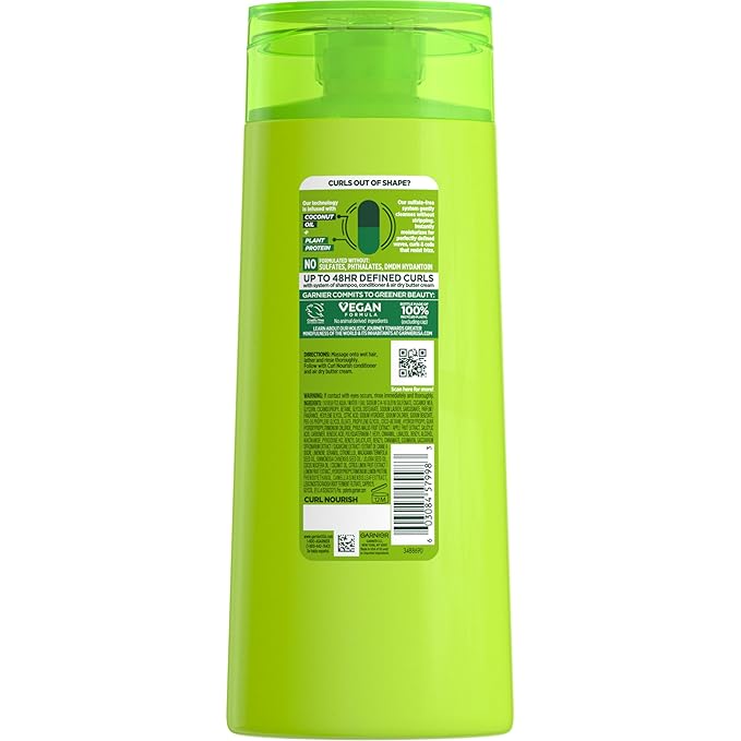 Garnier Fructis Curl Nourish Shampoo, Curly Hair Shampoo with Coconut Oil and Plant Protein, Up to 48HR Defined Curls for all Curl Types, 22 Fl Oz (Packaging May Vary)