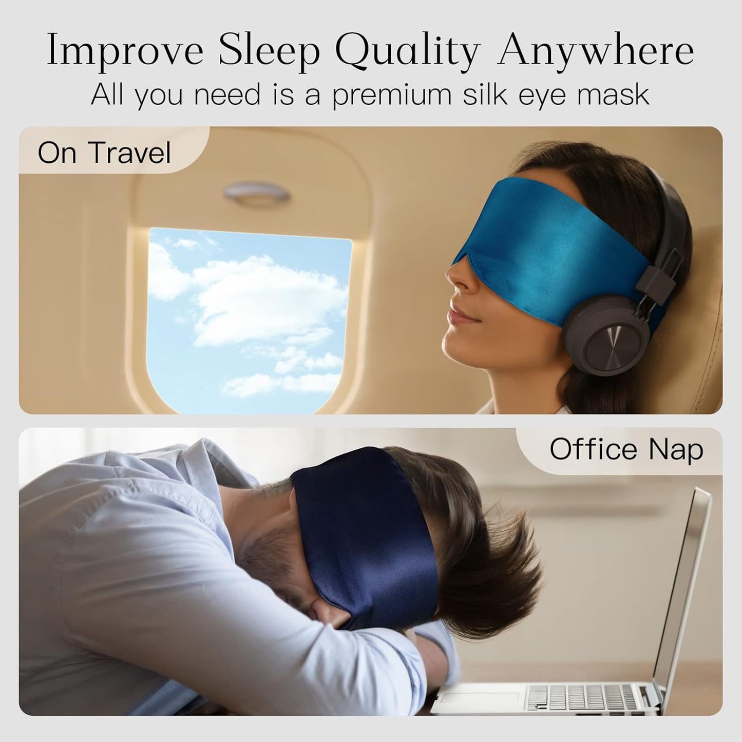 100% Natural Silk Eye Mask for Women Men, Soft Pressureless Cooling Blackout Eye Covers for Sleeping, Large Size Sleep Mask fits All Heads Adjustable, 1PC, Black