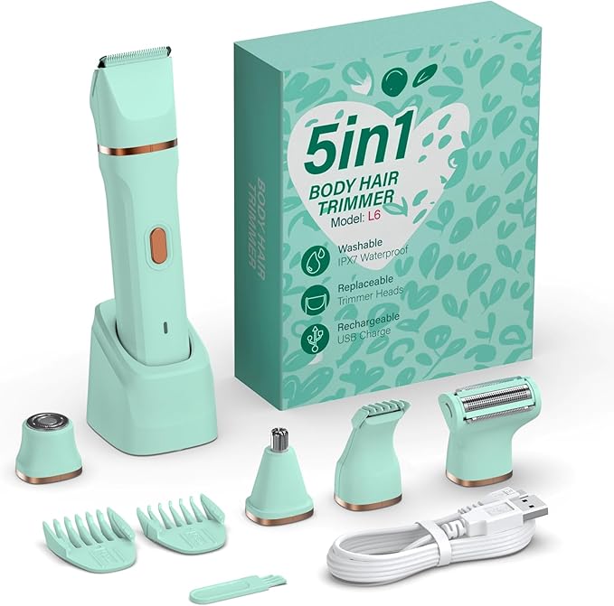 5-in-1 Bikini Trimmer for Women, IPX7 Waterproof Electric Razors Shaver, Cordless Body Hair Trimmer, Facial & Pubic Hair Removal, Ceramic Blade (Pure Green)