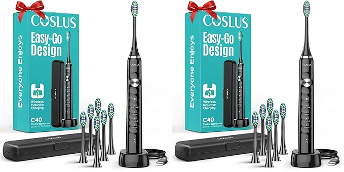 COSLUS Sonic Electric Toothbrush for Adults C40(DY-108Pro):47000 VPM for Deep Cleaning with Travel Case Modes for Sensitive Teeth &Brace,Wireless Charging, 6 Brush Heads for Family, Black,(Pack of 2)