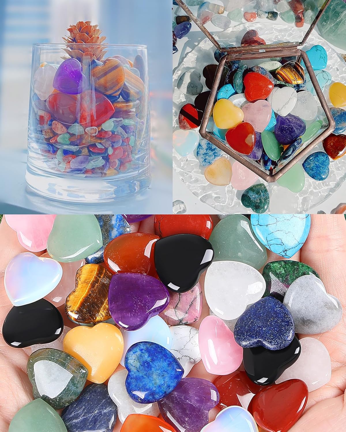 QINJIEJIE 10PCS Crystals Heart Healing Stones Rose Quartz Amethyst Polished Love Stone Palm Natural Gemstones Set Wholesale Reiki Balancing Meditation 0.8" Crystal Gifts for Women
