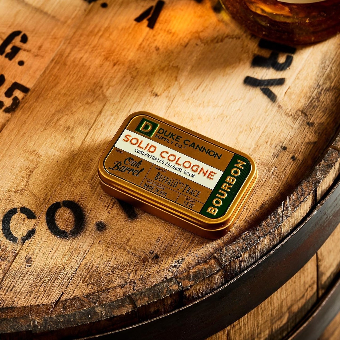 Duke Cannon Supply Co. Solid Cologne for Men Bourbon (Woodsy, Charred Oak Barrel Scent) - Concentrated Balm, Travel-Friendly Convenient Tin, 1.5 oz