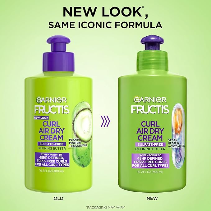 Garnier Fructis Curl Nourish Sulfate Free Moisturizing Shampoo, Conditioner + Air Dry Cream Defining Butter Set (3 Items), 1 Kit (Packaging May Vary)