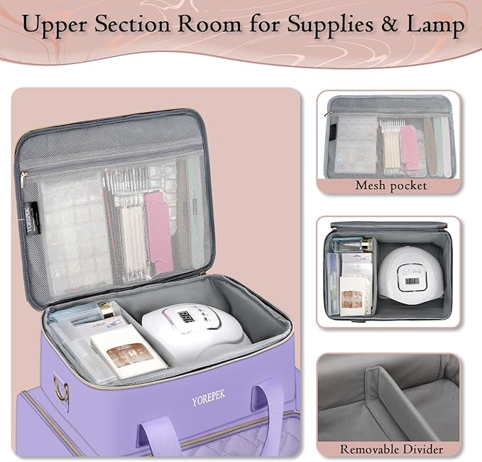 YOREPEK Extra Large Nail Polish Organizer Case Holds 96 to 100+ Bottles (15ml/0.5 fl.oz) UV lamp, Gel Polish Travel Case Bag with 2 Removable Pouches Fits Nail Suppiles, Gifts for Manicurist, Purple