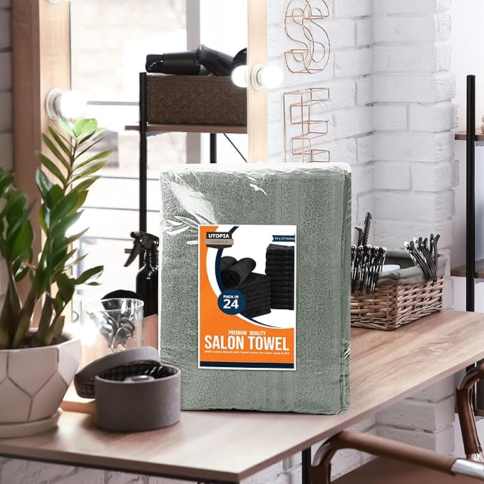 Utopia Towels Cotton Bleach Proof Salon Towel 16 by 27 inches, Bleach Safe Gym 100% Cotton Hand Towel, 24 Pack, Grey