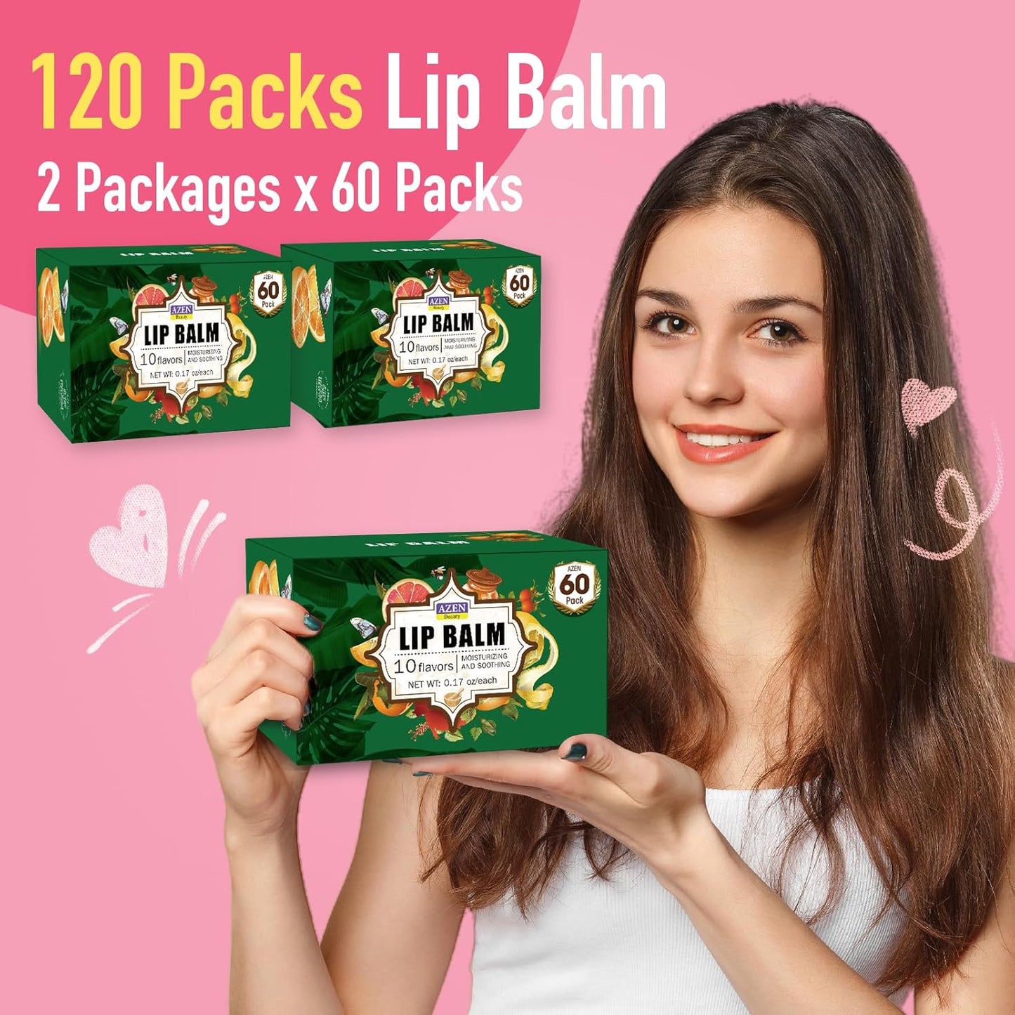 AZEN 120 Pack Lip Balm, Natural Lip Balm Bulk, Lip Care Product, Christmas Stocking Stuffers, Christmas Gifts for Women Girls - 10 Flavors