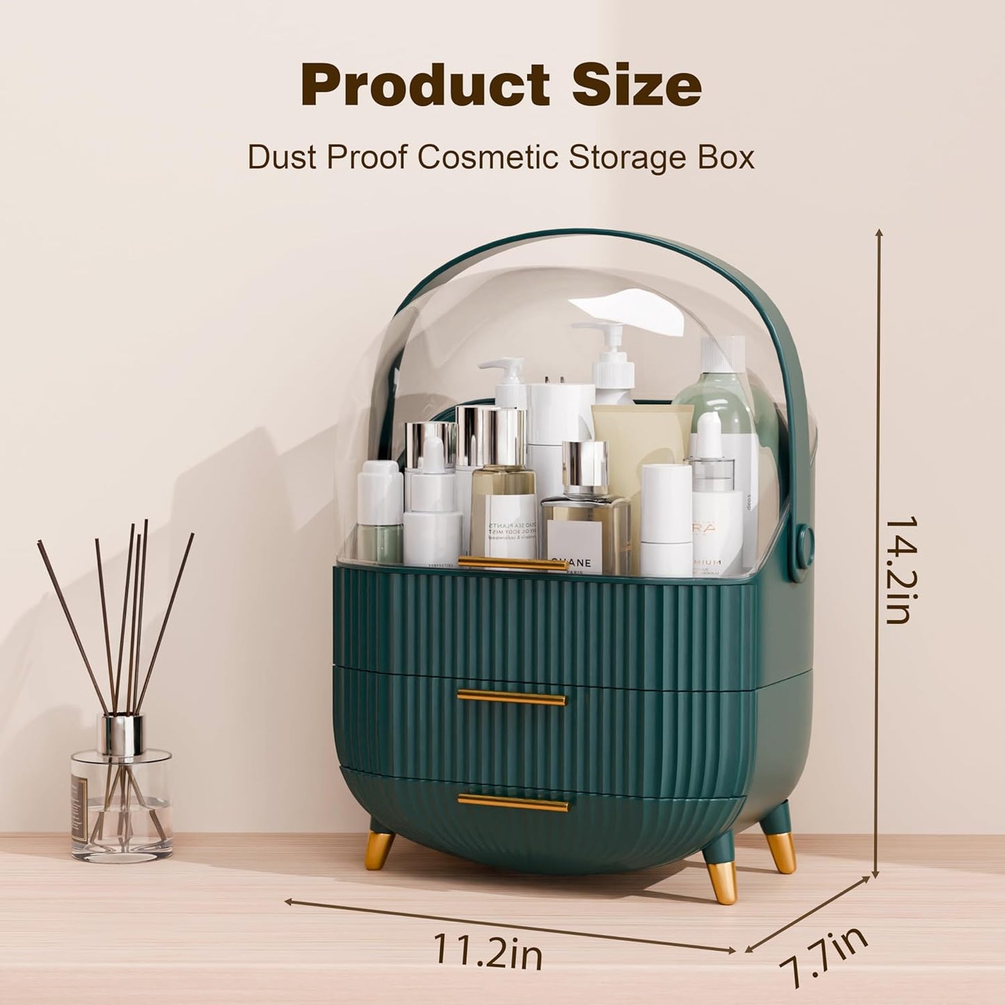 Makeup Organizers and Storage Make up Organizer for Vanity Cosmetics Skincare With Lid and Drawers Display Cases for Countertop Bathroom Women Teenager Girl Gifts(Dark Green)