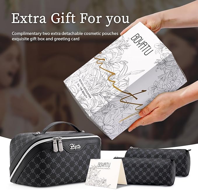 BOYATU Travel Makeup Bag Cosmetic Bags for Women: 3 Pcs Set Large Capacity Make up Bag with Handle - Vegan Leather Toiletry Bags with Compartments - Makeup Organizer for Travel Essentials(A-7-Black)