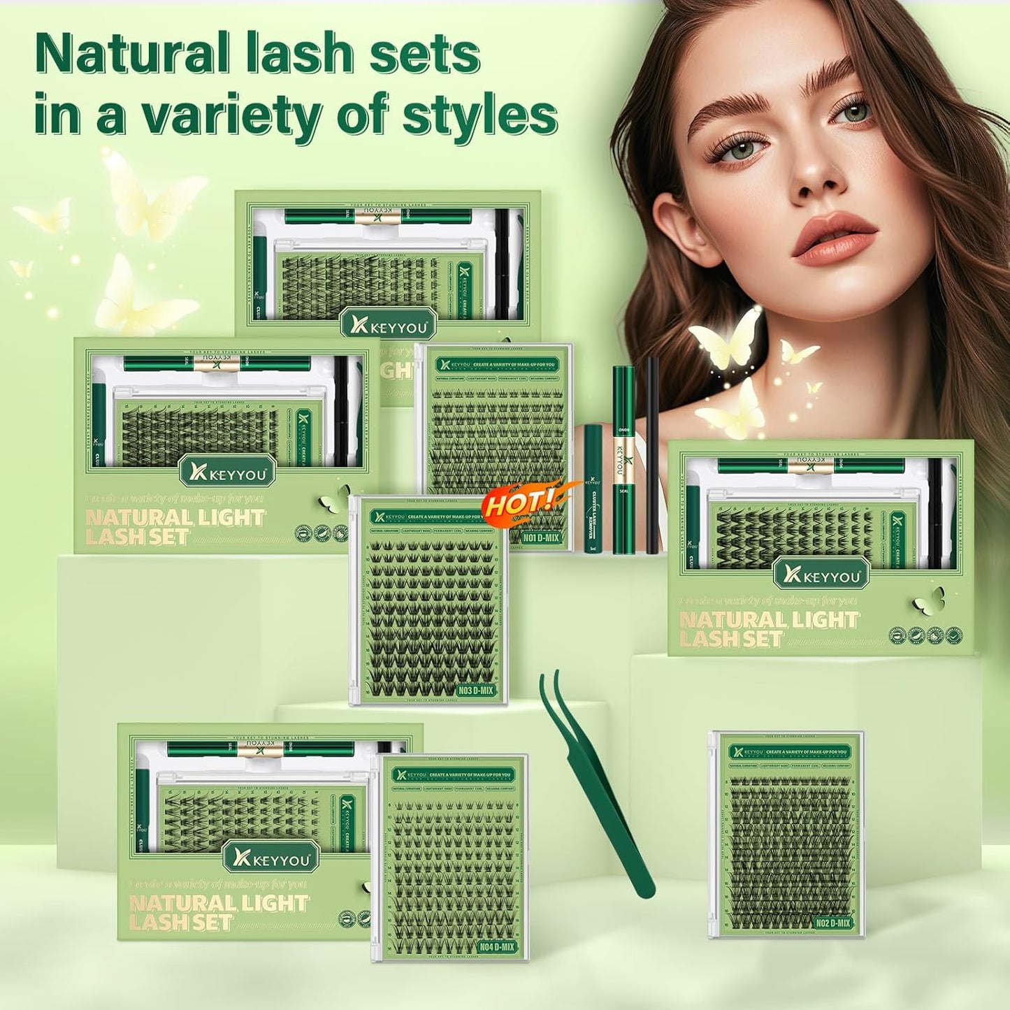 KEYYOU Natural Lash Clusters Kit 144Pcs DIY Lash Extension Kit Wispy Eyelash Extensions Kit D Curl 8-18MIX with Bond and Seal and tweezers with Thin Lash Band(KIT-N01-D-8-18MIX)