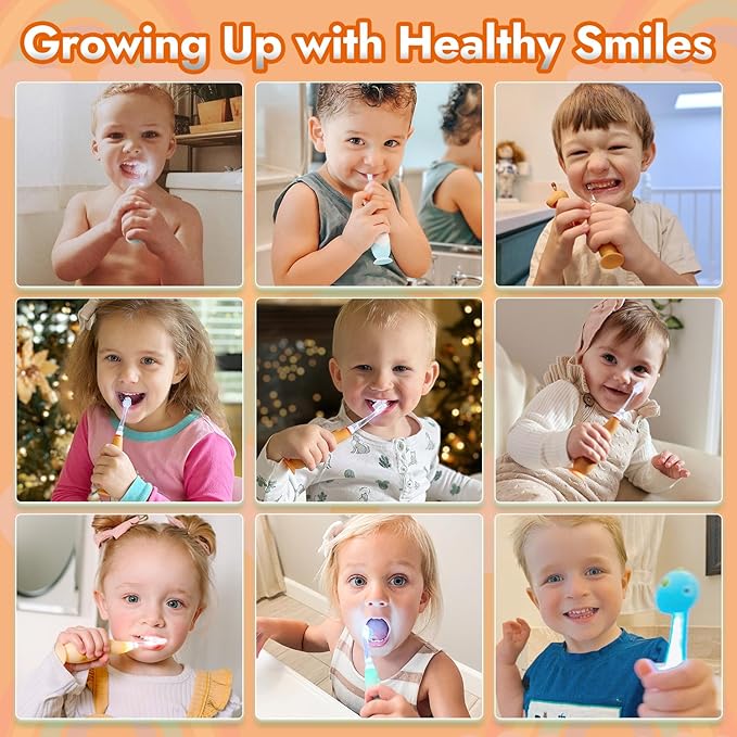 Papablic Toddler Sonic Electric Toothbrush for Ages 1-3 Years, Baby Electric Toothbrush with Cute Reindeer Cover and Smart LED Timer, 2 Brush Heads (Ruby)