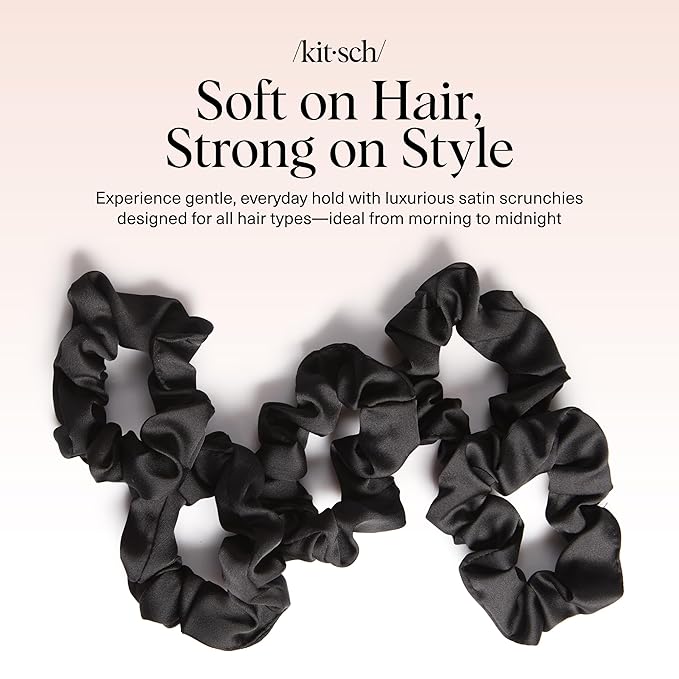 Kitsch Satin Scrunchies for Women - No Crease, Frizz Control | Softer Than Silk Scrunchies Gentle On Hair Scrunchies for All Hair Types | Stylish Hair Accessories College Essentials - Black, 5pcs
