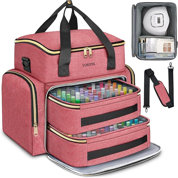 YOREPEK Nail Polish Organizer Case With Foam Inserts Protect Up 96 to 100+ Bottles (15ml/0.5 fl.oz) UV lamp, Travel Nail Tech Carrying Case with Adjustable Space for Gel Dip Powder Tips Set, Pink