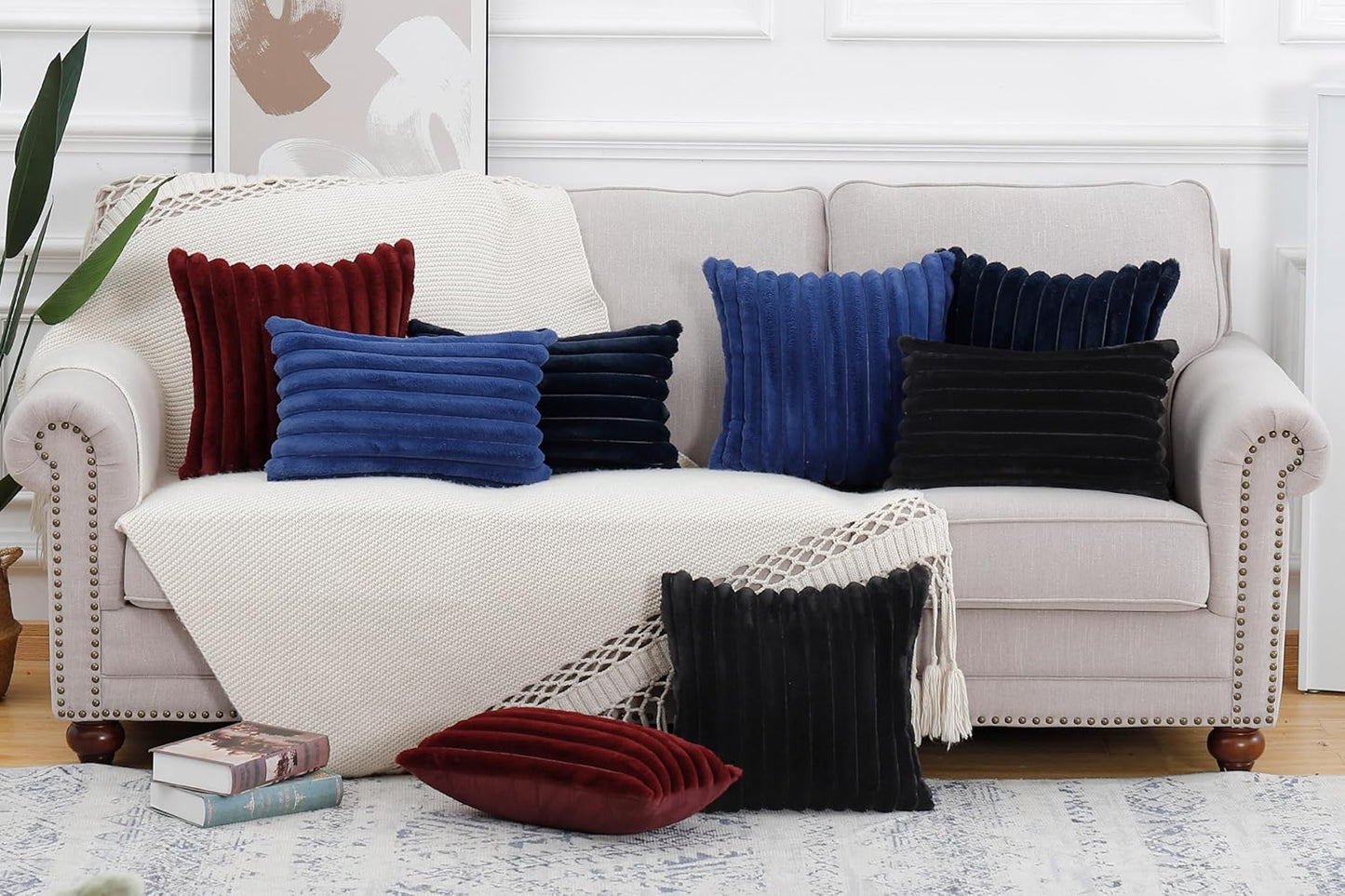 MADIZZ Set of 2 Faux Wool Plush Decorative Throw Pillow Covers 18x18 Inch Black Fluffy Striped Soft Decorative Cushion Cover for Sofa Bedroom Pillow Shell