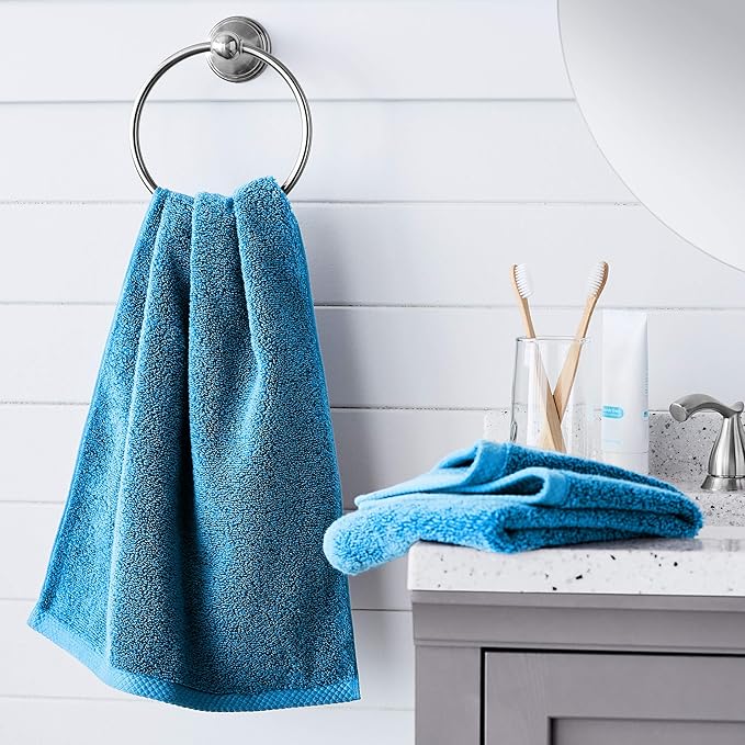 Amazon basics Lightweight quick-dry hand towels - 100% cotton, 8-pack, 28 x 16 inches, lake blue