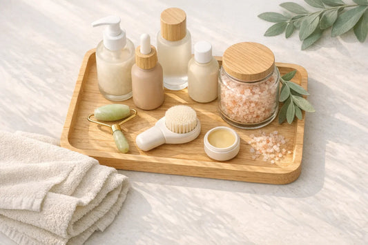 Simple self care routine setup with natural bath products, body care, skincare tools, and lip balm on a wooden tray
