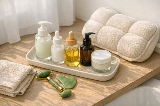 Woman enjoying a simple self care routine with natural skin and hair care products on a vanity